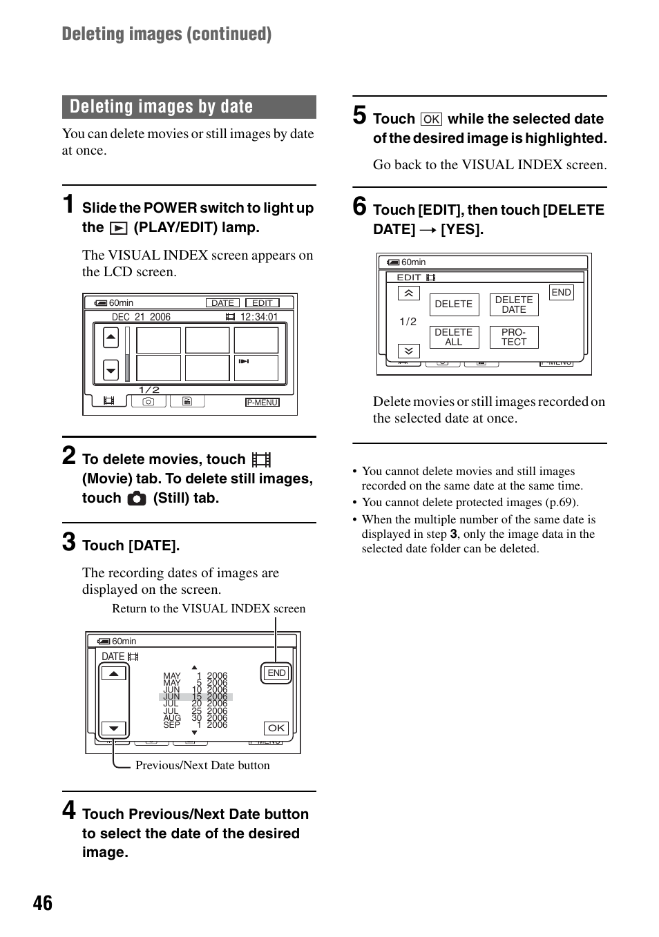Deleting images by date, Deleting images (continued) | Sony DCR-SR100 User Manual | Page 46 / 107
