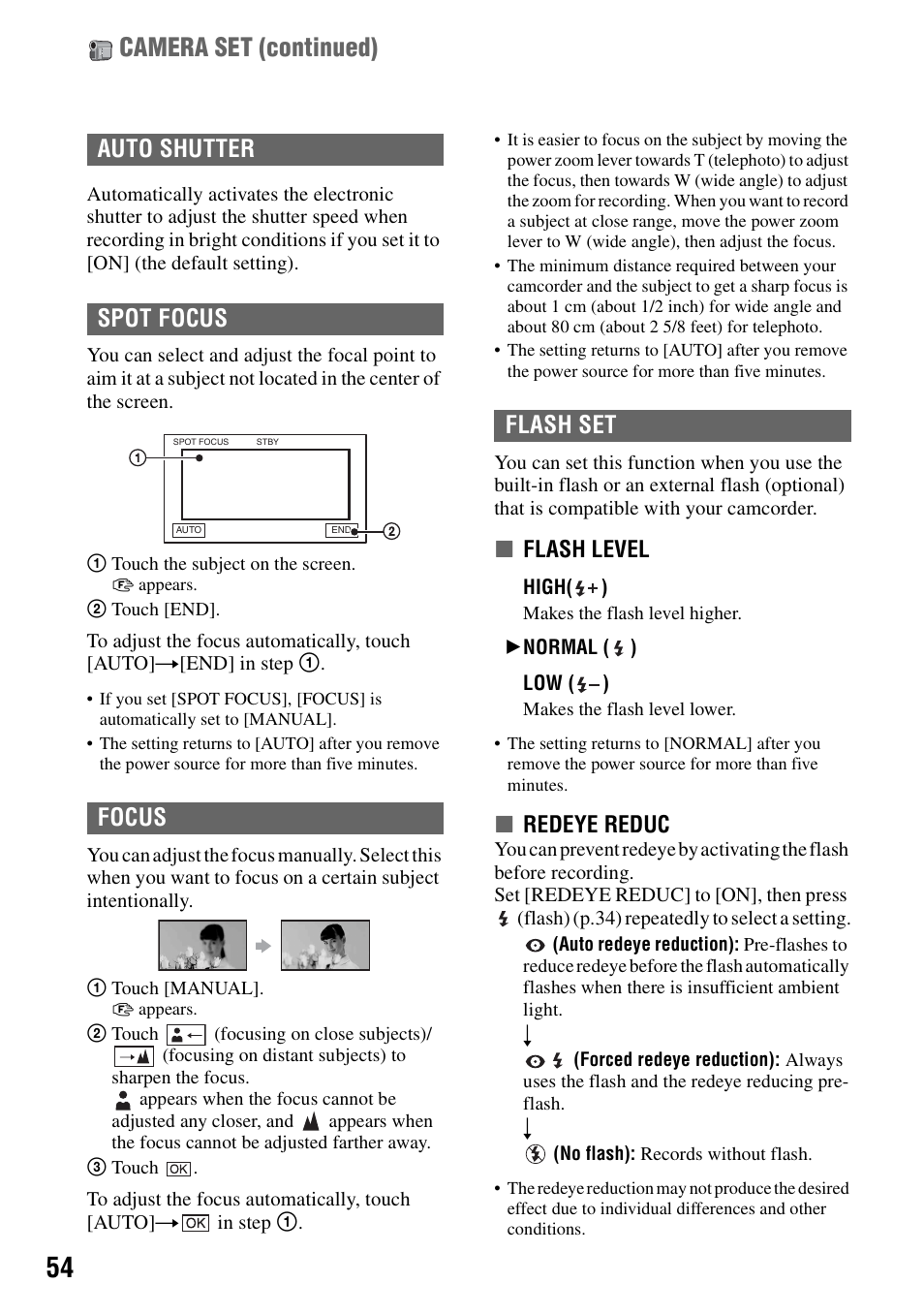P.54), P.54) whe, Camera set (continued) | Auto shutter spot focus focus, Flash set, Xflash level, Xredeye reduc | Sony DCR-SR100 User Manual | Page 54 / 107