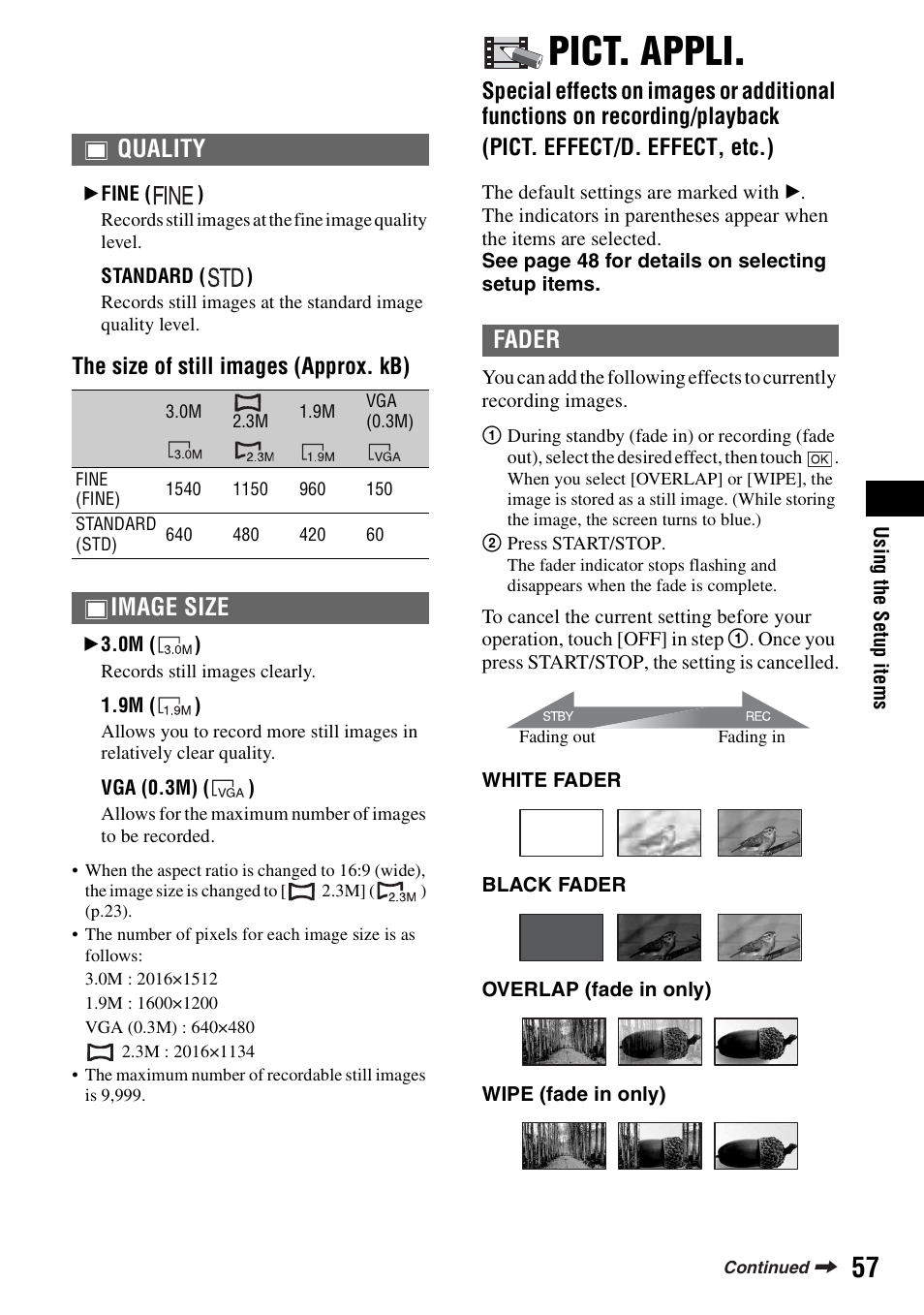 Pict. appli, P.57), Quality | Image size, Fader | Sony DCR-SR100 User Manual | Page 57 / 107
