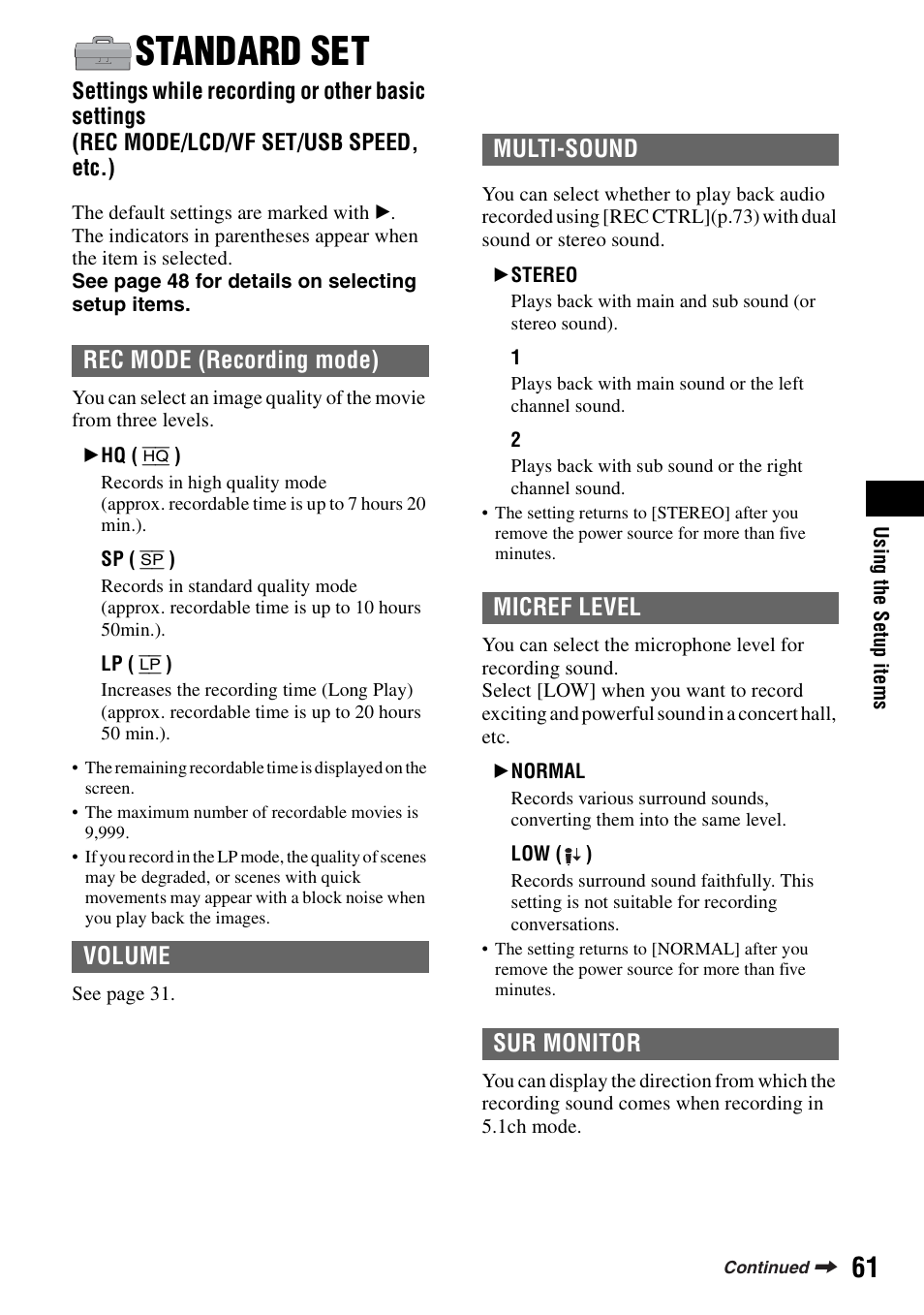 Standard set, P.61), Rec mode (recording mode) volume | Multi-sound micref level sur monitor | Sony DCR-SR100 User Manual | Page 61 / 107