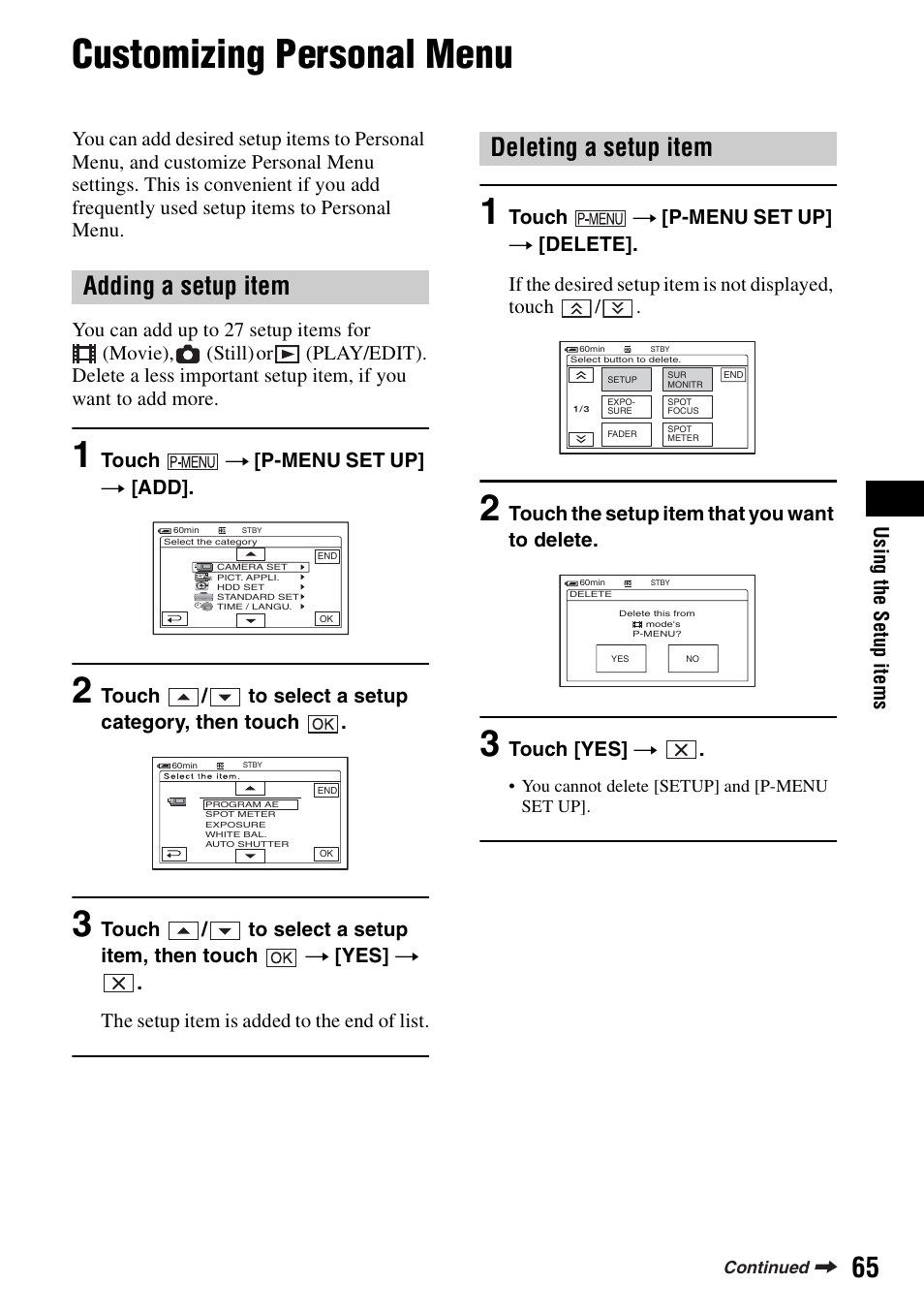 Customizing personal menu, Adding a setup item, Deleting a setup item | Sony DCR-SR100 User Manual | Page 65 / 107