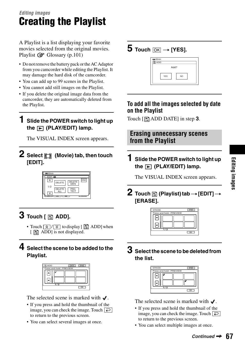 Editing images, Creating the playlist, P.67 | Erasing unnecessary scenes from the playlist | Sony DCR-SR100 User Manual | Page 67 / 107