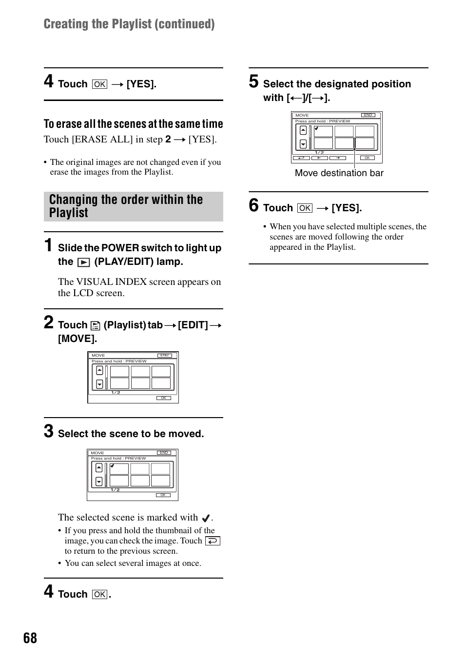 Changing the order within the playlist, Creating the playlist (continued) | Sony DCR-SR100 User Manual | Page 68 / 107