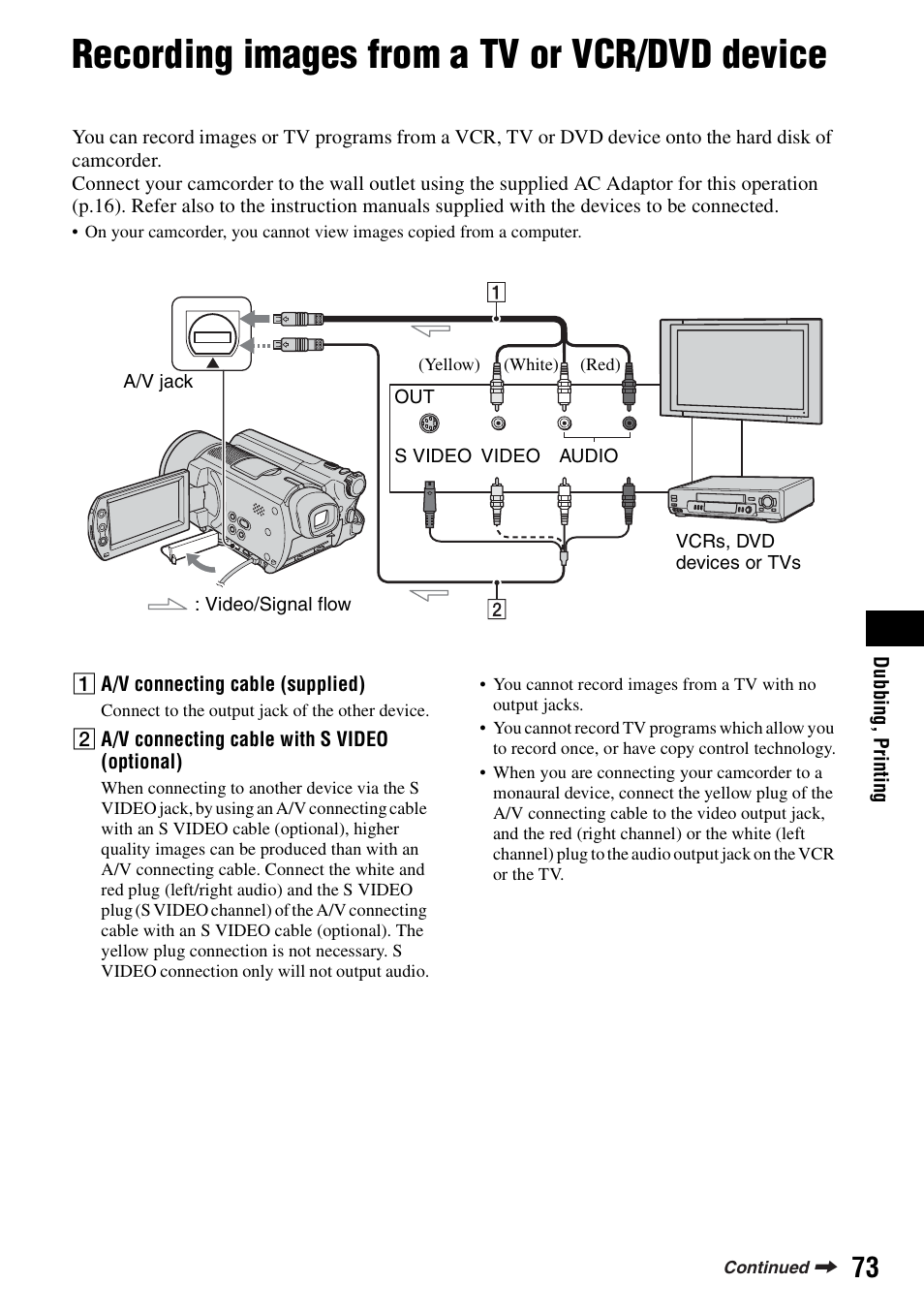 Recording images from a tv or vcr/dvd device, P.73) w | Sony DCR-SR100 User Manual | Page 73 / 107