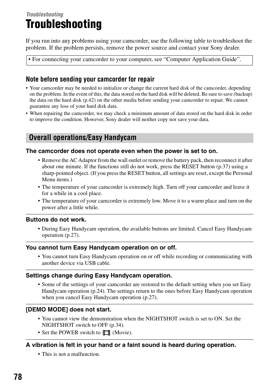 Troubleshooting, Overall operations/easy handycam | Sony DCR-SR100 User Manual | Page 78 / 107