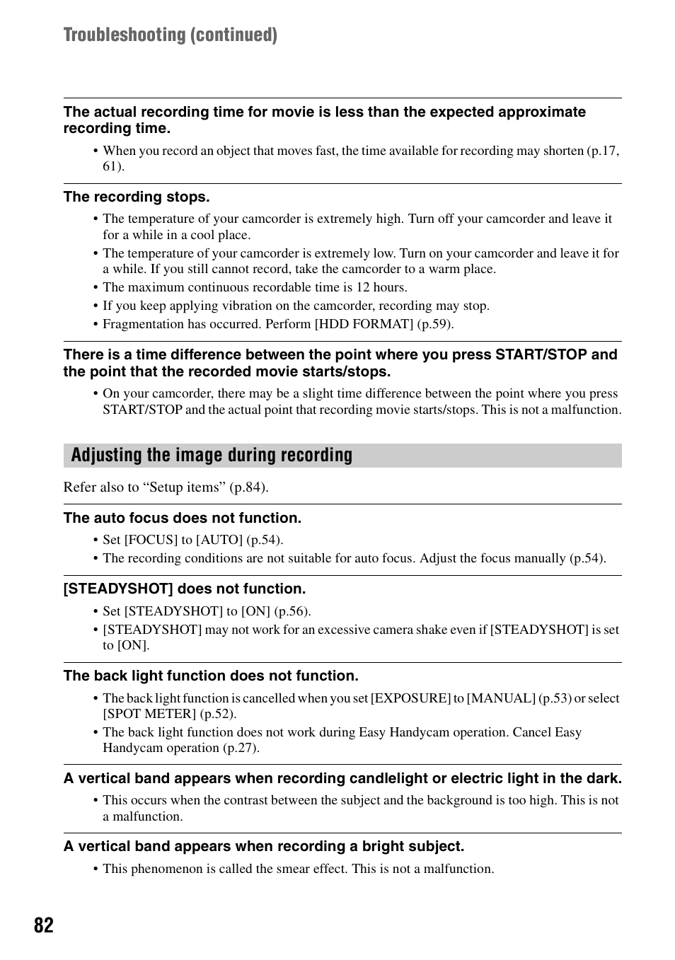 Adjusting the image during recording” (p.82) | Sony DCR-SR100 User Manual | Page 82 / 107