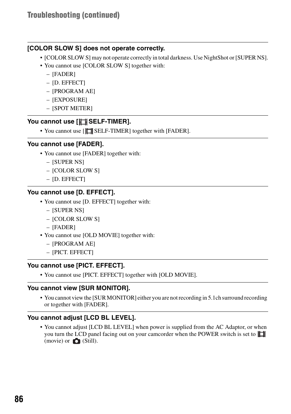 Troubleshooting (continued) | Sony DCR-SR100 User Manual | Page 86 / 107