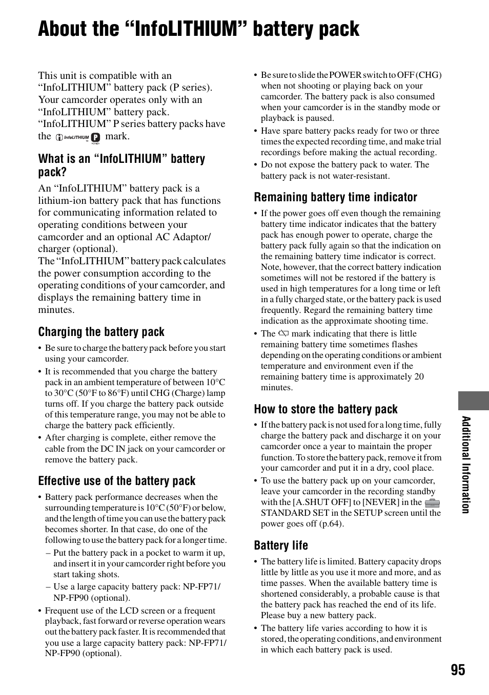 About the “infolithium” battery pack, P.95) | Sony DCR-SR100 User Manual | Page 95 / 107