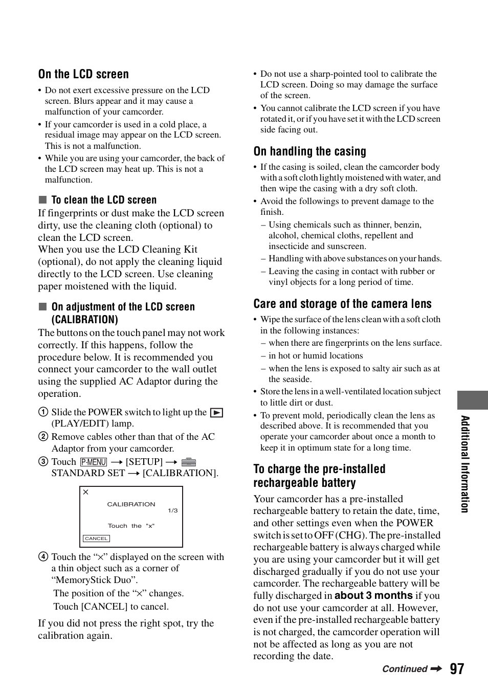 P.97), P.97, On the lcd screen | On handling the casing, Care and storage of the camera lens | Sony DCR-SR100 User Manual | Page 97 / 107