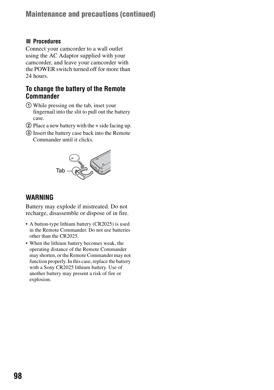 P.98), Maintenance and precautions (continued) | Sony DCR-SR100 User Manual | Page 98 / 107
