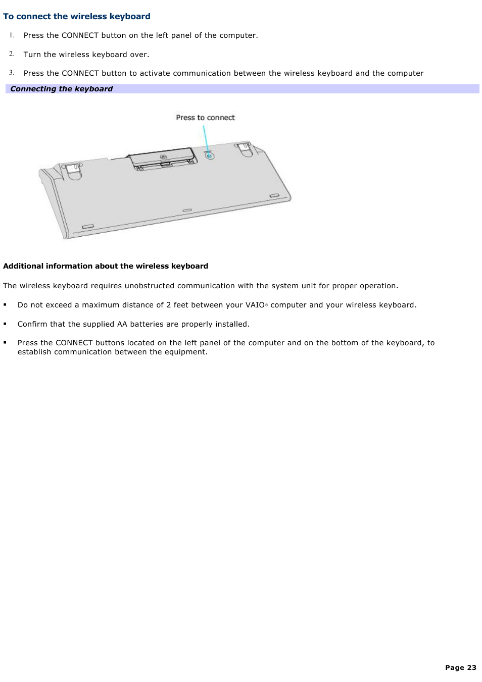 To connect the wireless keyboard | Sony PCV-V100G User Manual | Page 23 / 136