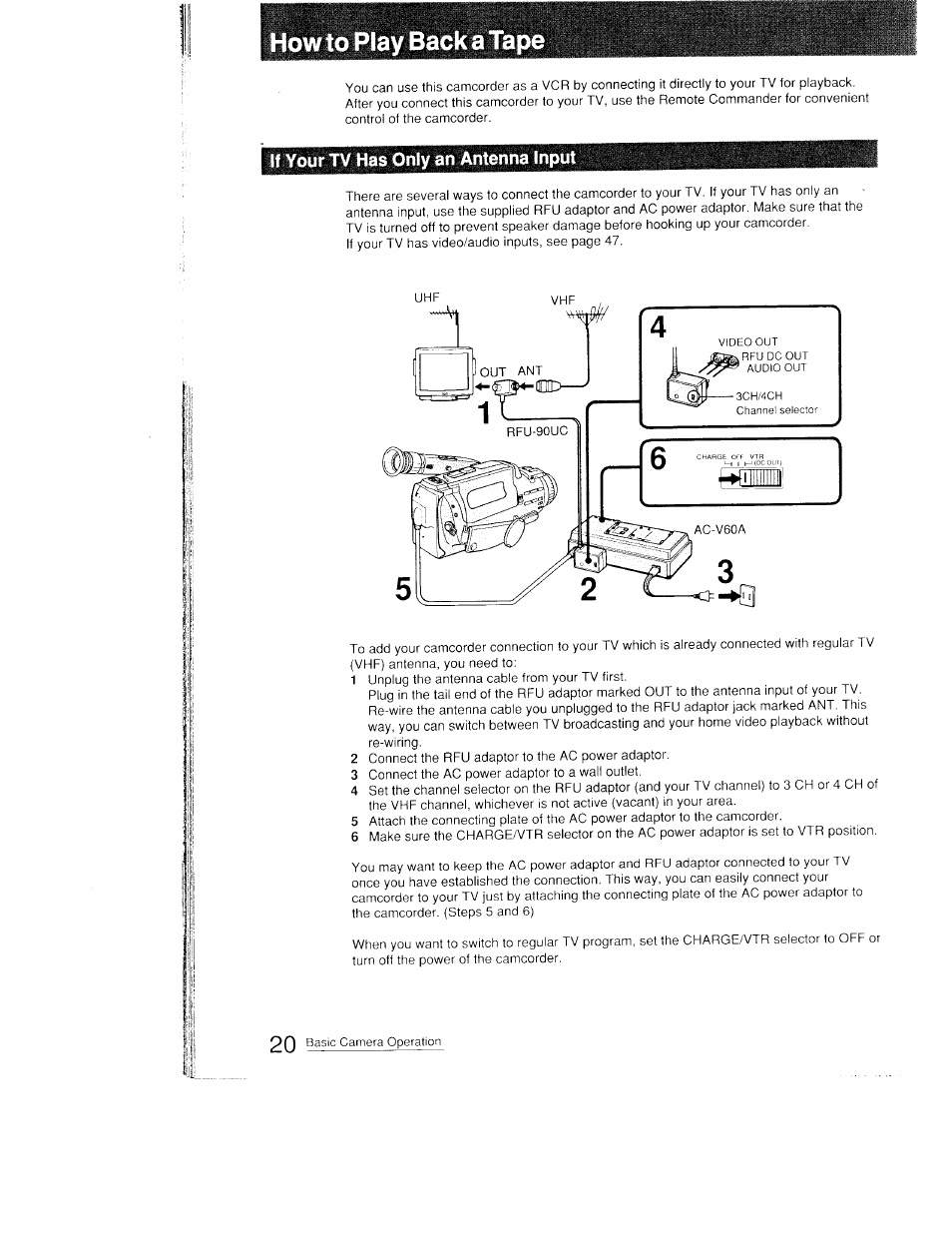 If your tv has only an antenna input, How to play back a tape | Sony CCD-FX410 User Manual | Page 20 / 75
