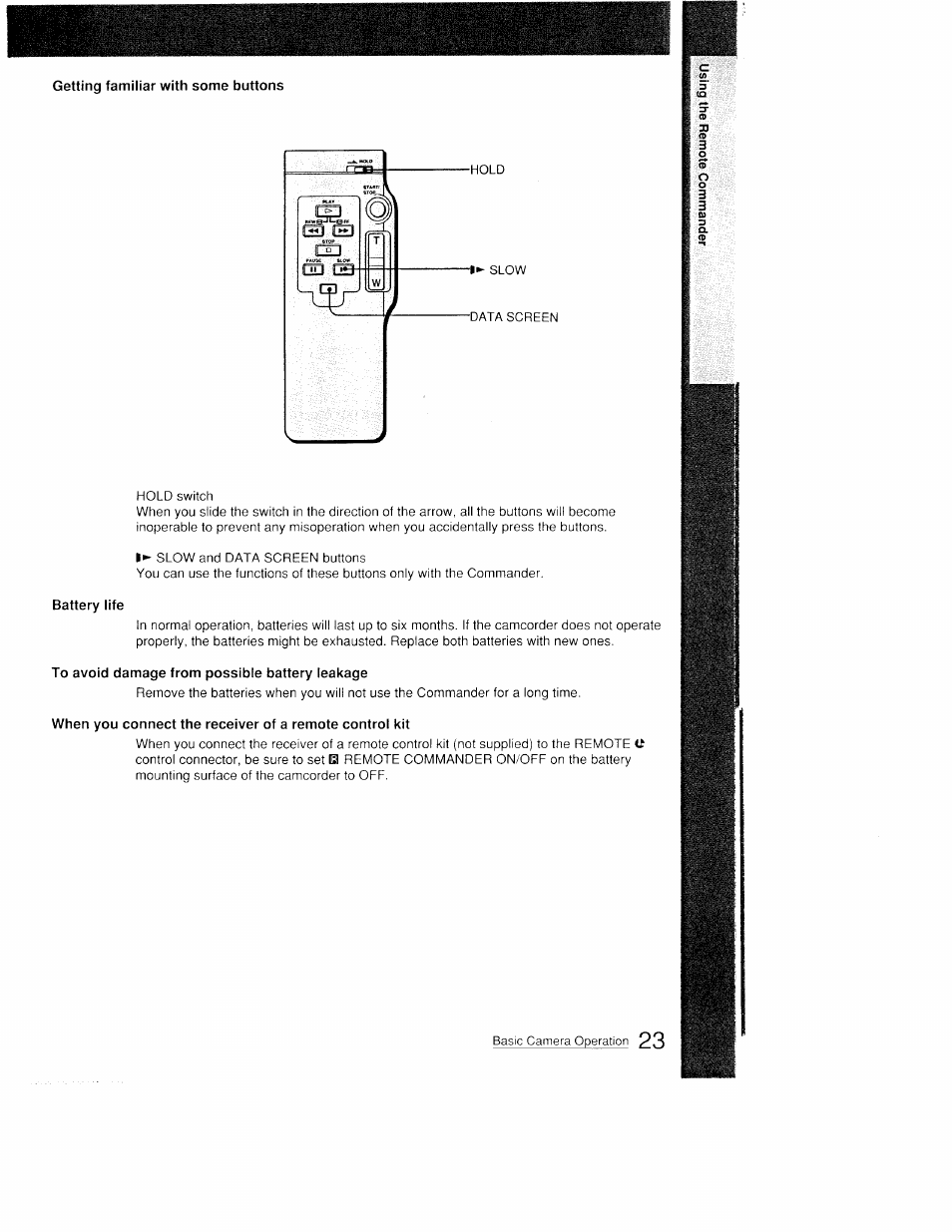 Getting familiar with some buttons, Battery life, To avoid damage from possible battery leakage | Sony CCD-FX410 User Manual | Page 23 / 75