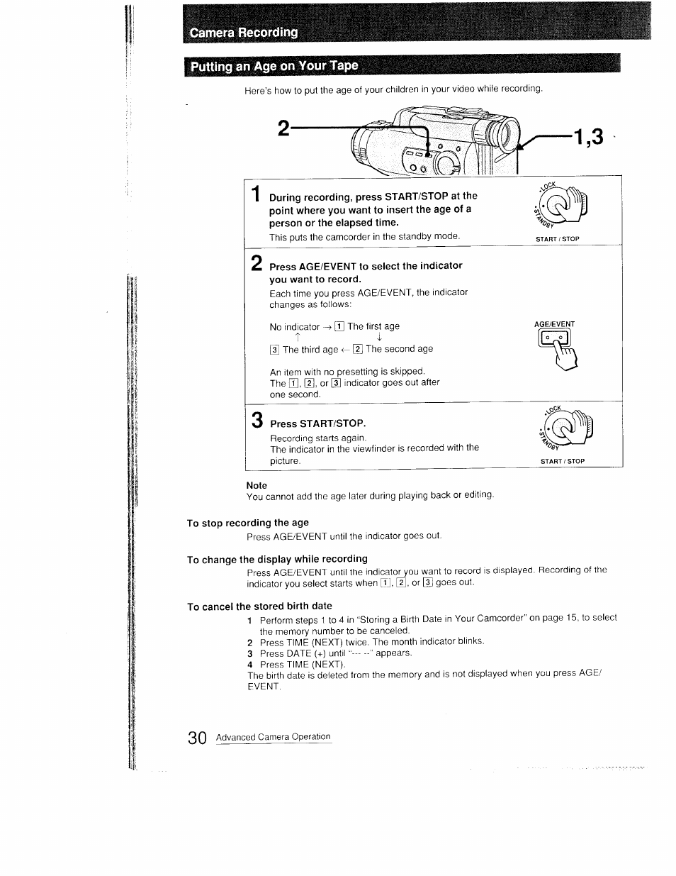 Camera recordi, Putting an age on your tape, Press start/stop | To stop recording the age, To change the display while recording, To cancel the stored birth date | Sony CCD-FX410 User Manual | Page 30 / 75