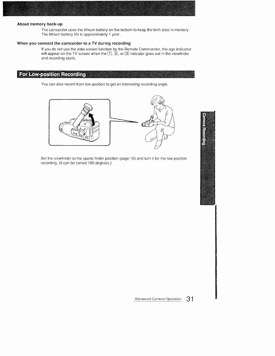 About memory back-up, For low-position recordi, For low-position recording | Sony CCD-FX410 User Manual | Page 31 / 75