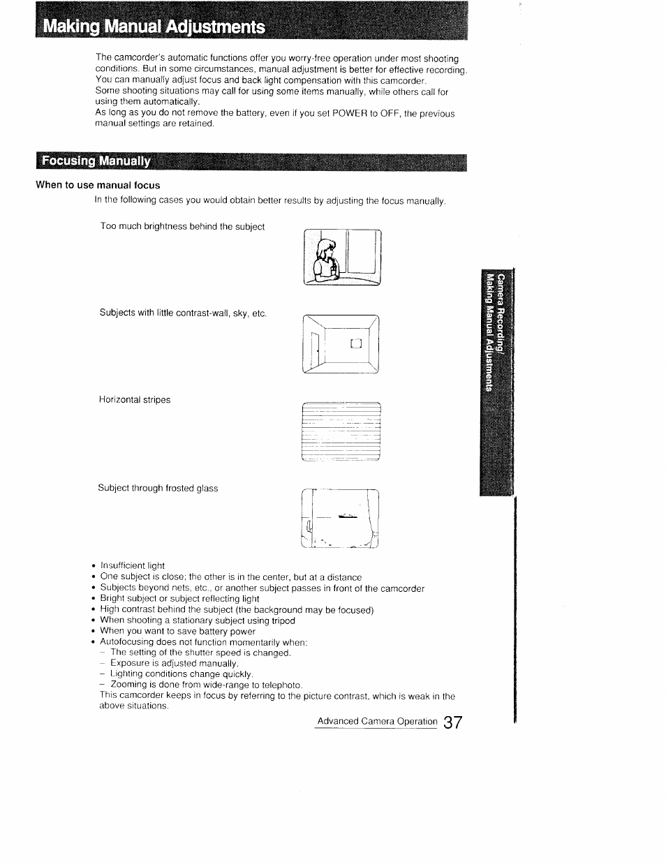 Making manual adjustments, Focusing manual, When to use manual focus | Eocusing manually | Sony CCD-FX410 User Manual | Page 37 / 75