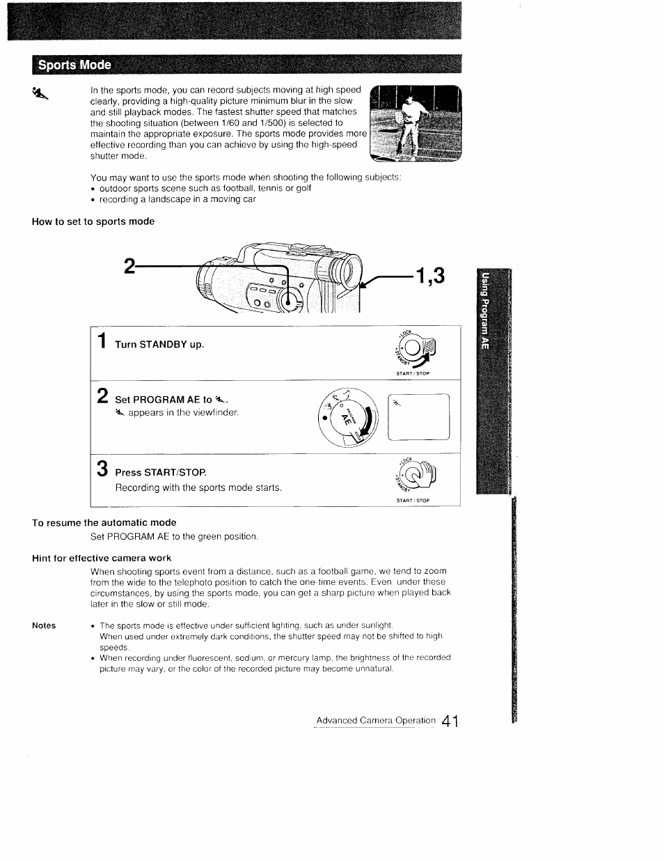 How to set to sports mode, To resume the automatic mode, Hint for effective camera work | Sony CCD-FX410 User Manual | Page 41 / 75