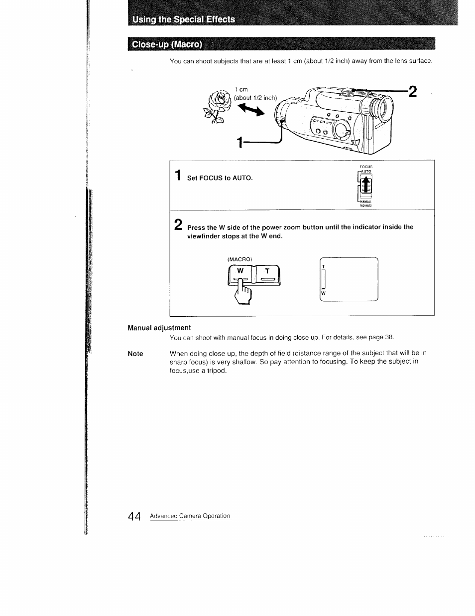 Using the special effects, Close-up (macro), Manual adjustment | Sony CCD-FX410 User Manual | Page 44 / 75
