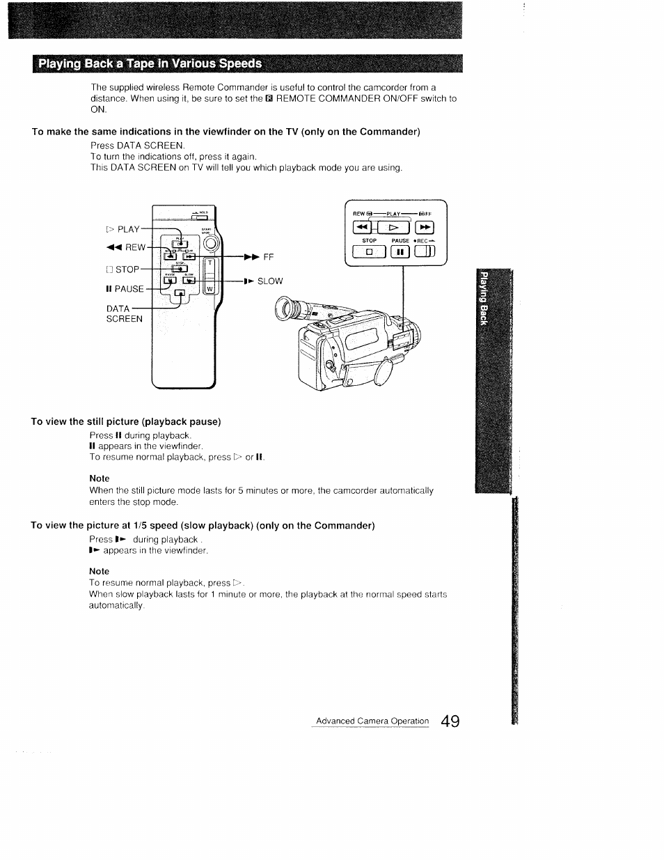 Playing back a tape in various speeds, To view the still picture (playback pause) | Sony CCD-FX410 User Manual | Page 49 / 75