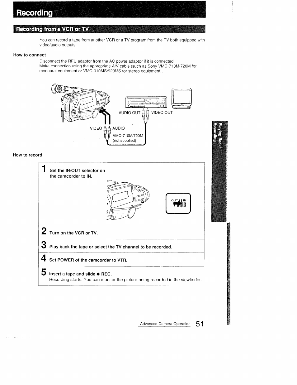 Recording, Recording from a vcr or t, How to connect | How to record, Set the in/out selector on the camcorder to in, Turn on the vcr or tv, Set power of the camcorder to vtr, Insert a tape and slide • rec | Sony CCD-FX410 User Manual | Page 51 / 75