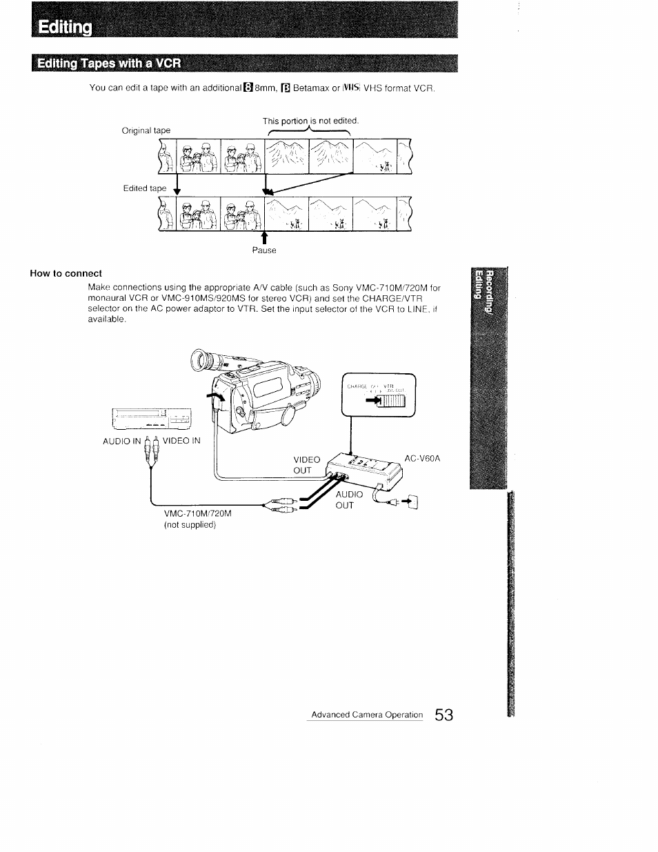 Editing tapes with a vc, How to connect, 1' •■v | Sony CCD-FX410 User Manual | Page 53 / 75