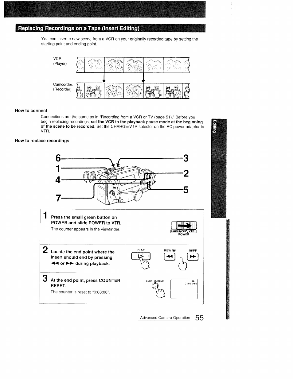 Replacing recordings on a tape (insert editing), How to connect, How to replace recordings | Sony CCD-FX410 User Manual | Page 55 / 75