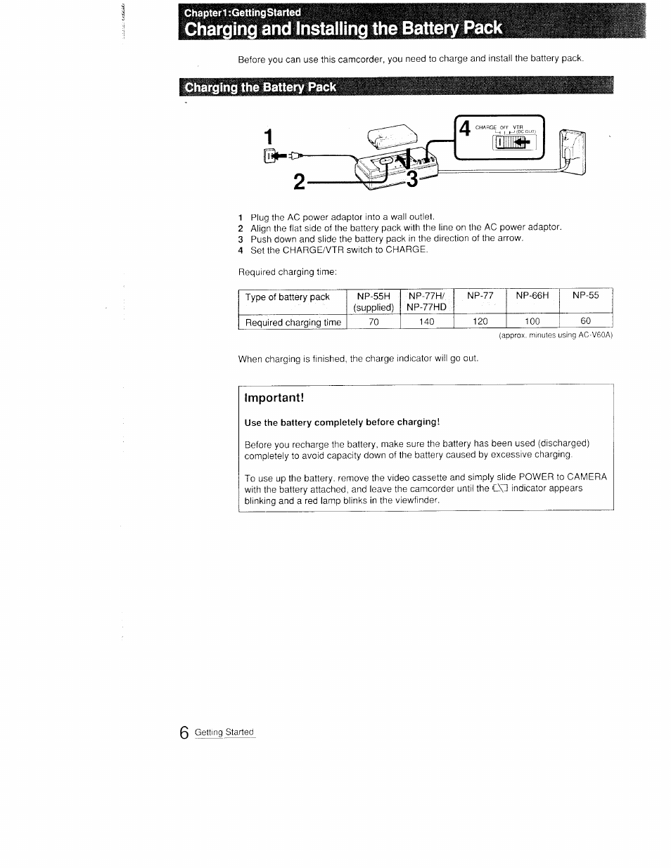 Chapterl :gettingstarted, Charging and installing the batt, Charging the battery pa | Charging and installing the battery pack, Important | Sony CCD-FX410 User Manual | Page 6 / 75