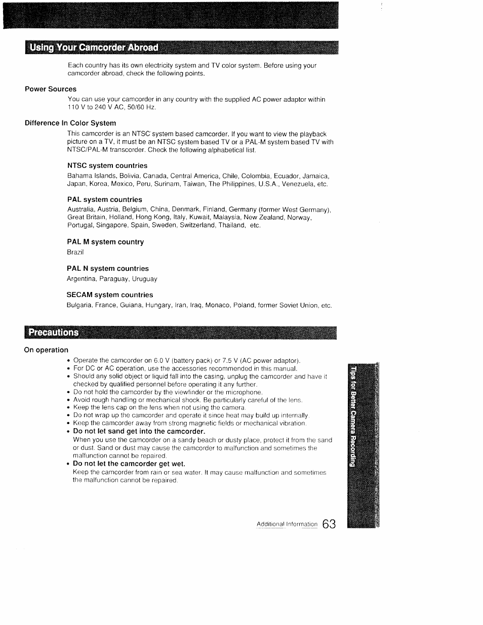Using your camcorder abroa, Power sources, Difference in color system | Ntsc system countries, Pal system countries, Pal m system country, Pal n system countries, Secam system countries | Sony CCD-FX410 User Manual | Page 63 / 75