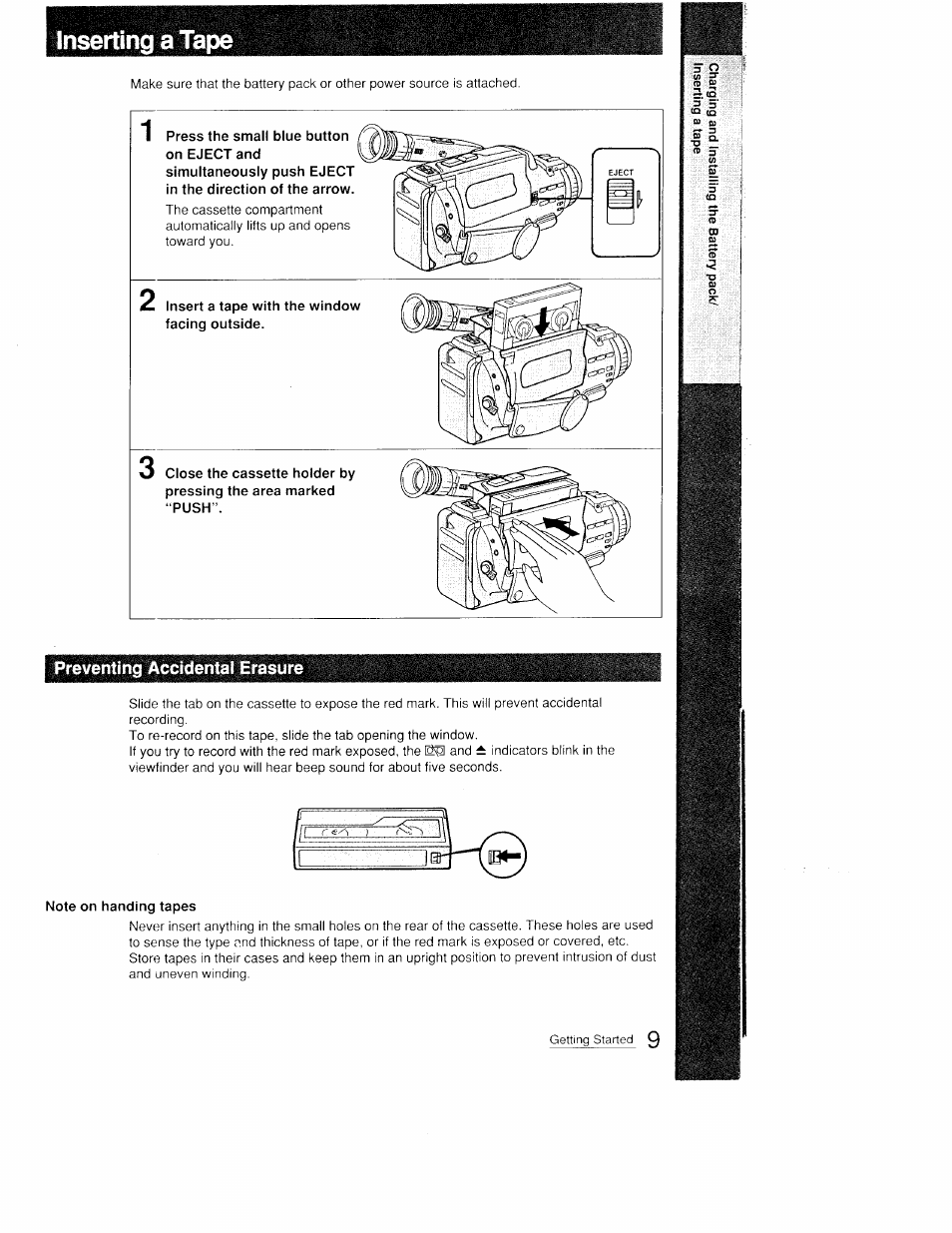 Inserting a tape, Preventing accidental erasure, Note on handing tapes | Sony CCD-FX410 User Manual | Page 9 / 75
