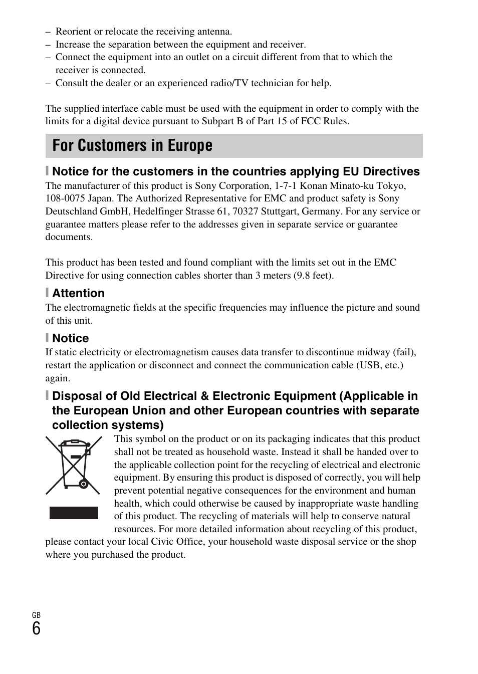 For customers in europe | Sony DSC-W650 User Manual | Page 6 / 52