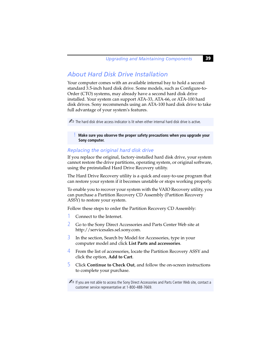About hard disk drive installation, Replacing the original hard disk drive | Sony PCV-RS100 User Manual | Page 55 / 94