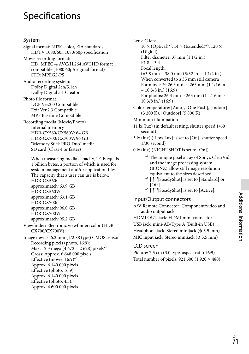 Specifications | Sony HDR-CX560V User Manual | Page 71 / 155