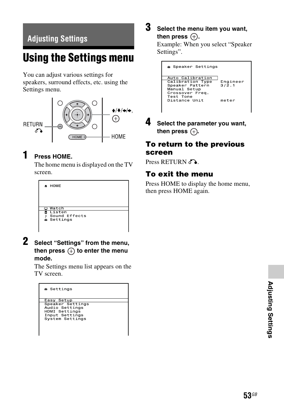 Adjusting settings, Using the settings menu | Sony STR-DH540 User Manual | Page 53 / 80