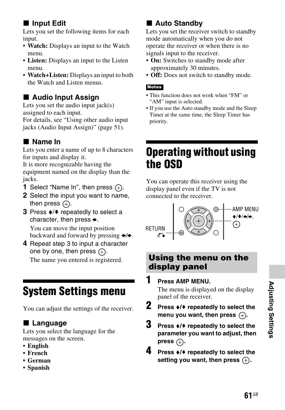 System settings menu, Operating without using the osd, System settings menu operating without using the | Using the menu on the display panel | Sony STR-DH540 User Manual | Page 61 / 80