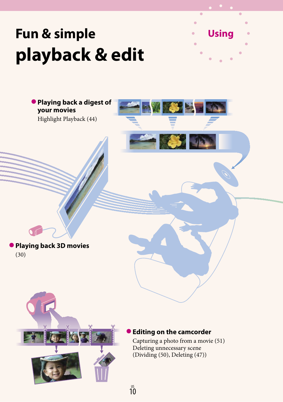 Playback & edit, Fun & simple, Using | Sony HDR-TD10 User Manual | Page 10 / 119