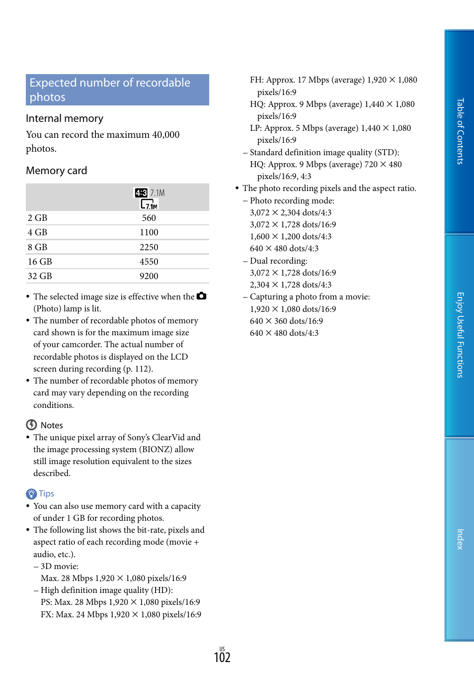 Expected number of recordable photos | Sony HDR-TD10 User Manual | Page 102 / 119