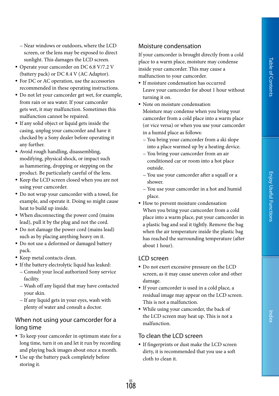 When not using your camcorder for a long time, Moisture condensation, Lcd screen | Sony HDR-TD10 User Manual | Page 108 / 119