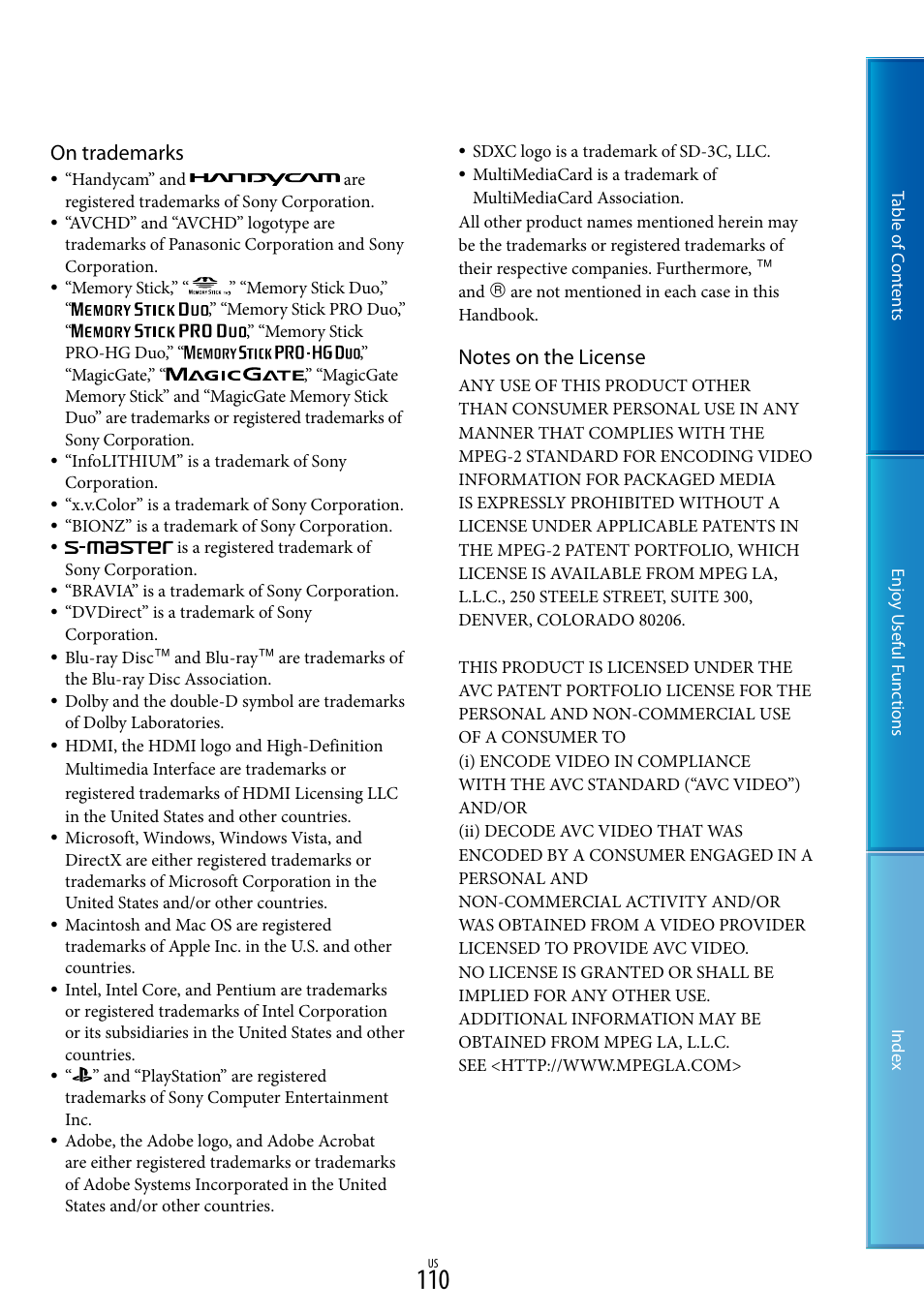 On trademarks | Sony HDR-TD10 User Manual | Page 110 / 119
