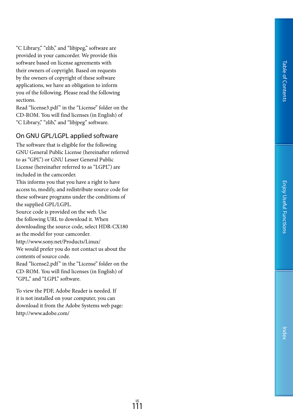 On gnu gpl/lgpl applied software | Sony HDR-TD10 User Manual | Page 111 / 119