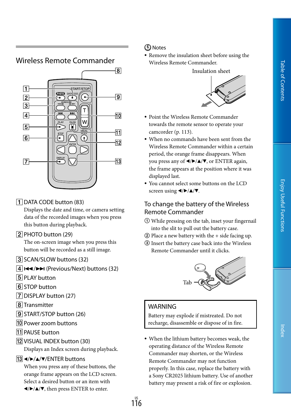 116) t, Wireless remote commander, Warning | Sony HDR-TD10 User Manual | Page 116 / 119