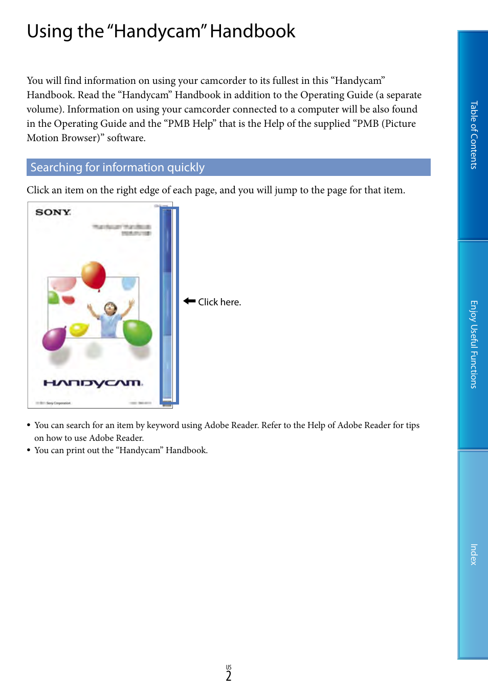 Using the “handycam” handbook, Searching for information quickly | Sony HDR-TD10 User Manual | Page 2 / 119