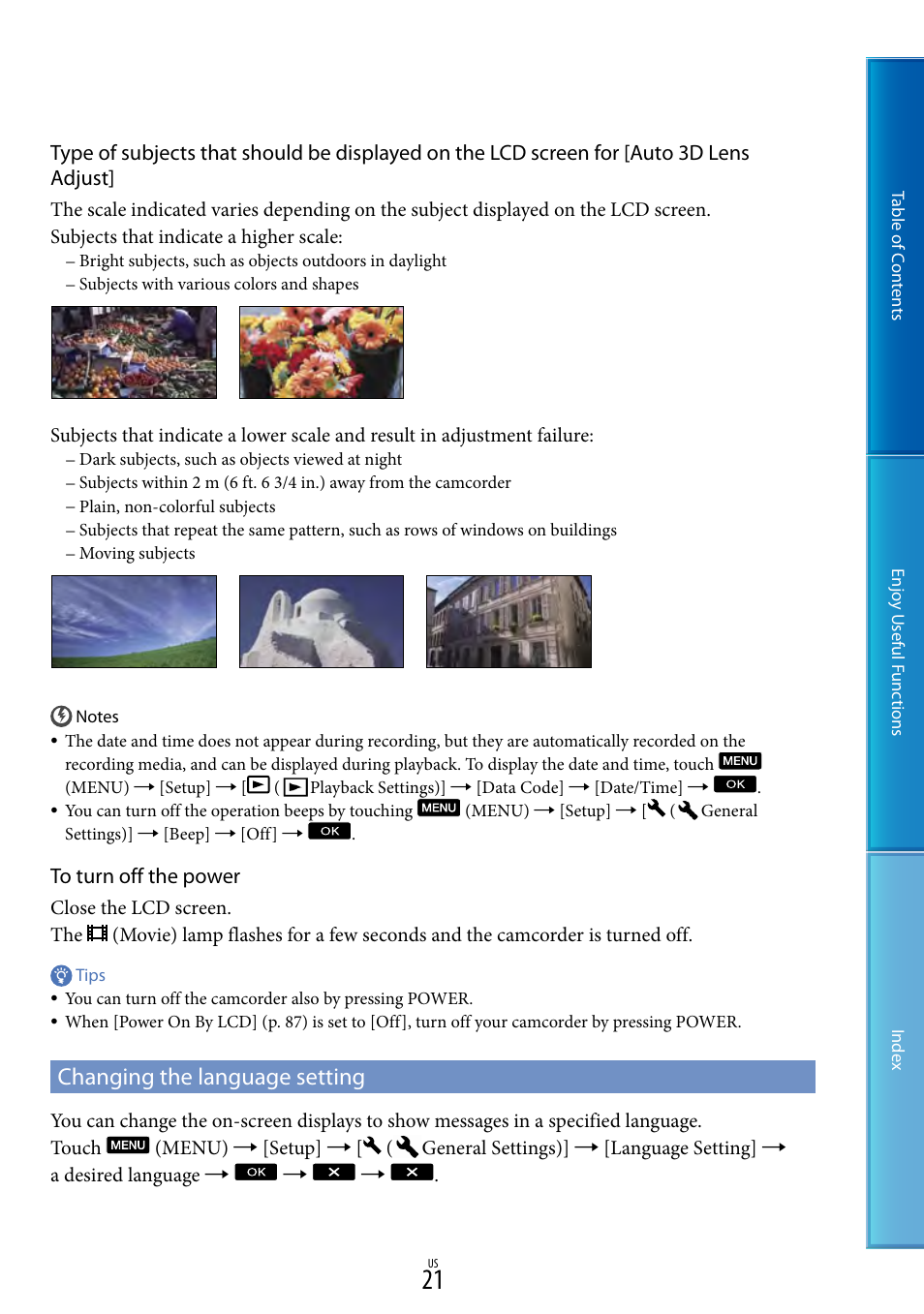 Changing the language setting | Sony HDR-TD10 User Manual | Page 21 / 119