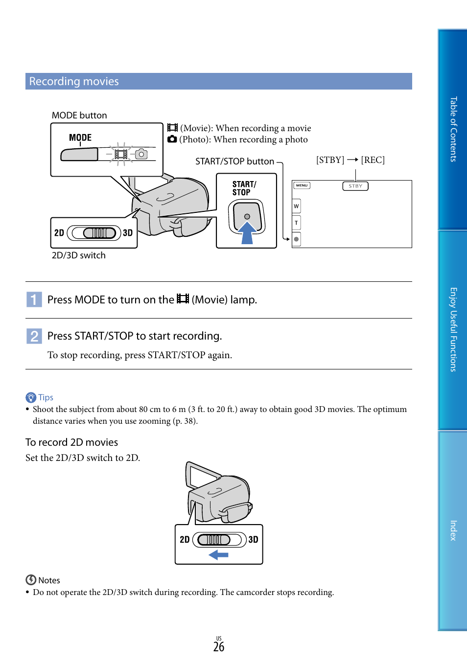 Recording movies, 26), r | Sony HDR-TD10 User Manual | Page 26 / 119