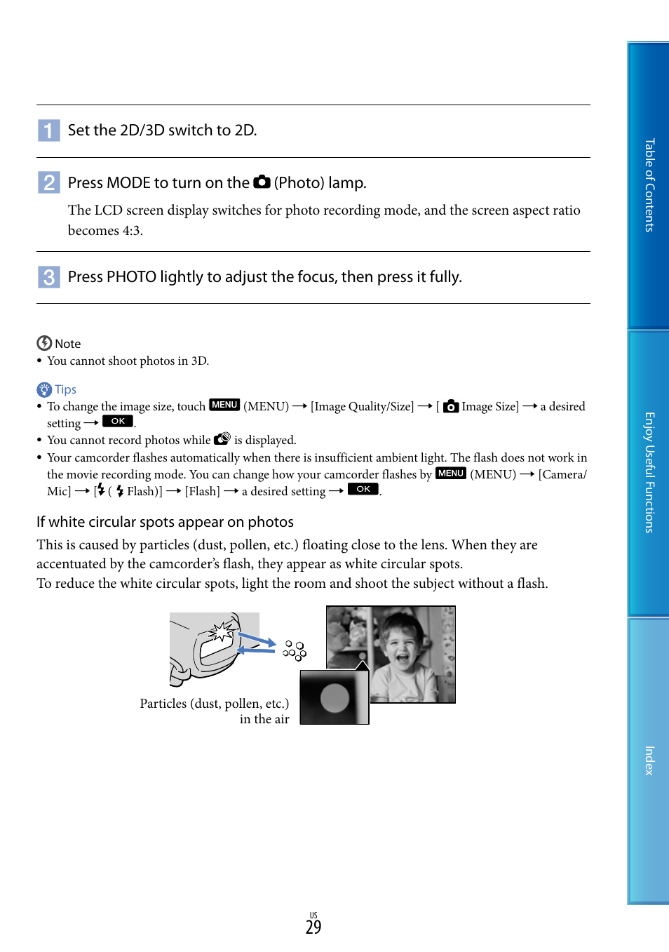 Set the 2d/3d switch to 2d, Press mode to turn on the (photo) lamp | Sony HDR-TD10 User Manual | Page 29 / 119