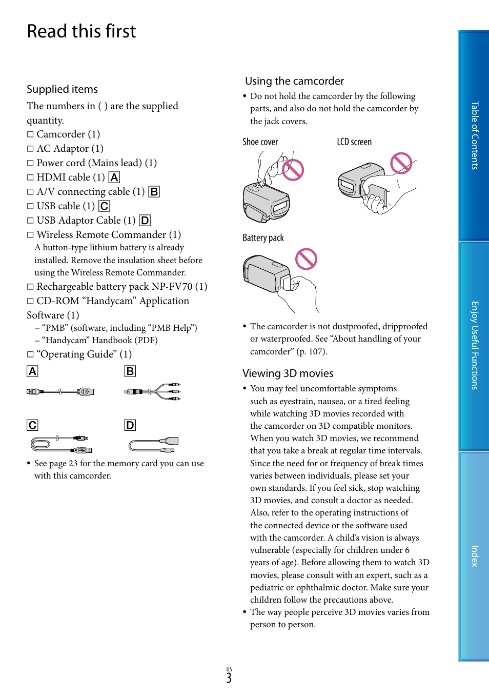 Read this first, Supplied items, Using the camcorder | Viewing 3d movies | Sony HDR-TD10 User Manual | Page 3 / 119