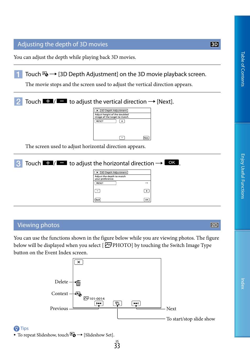 Adjusting the depth of 3d movies, Viewing photos, Adjusting the depth of 3d movies viewing photos | Sony HDR-TD10 User Manual | Page 33 / 119