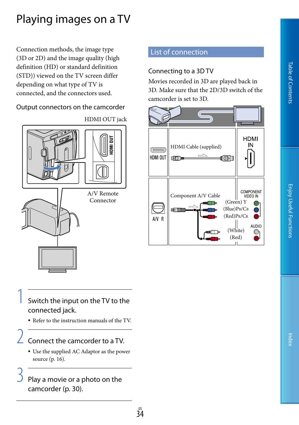 Playing images on a tv, List of connection | Sony HDR-TD10 User Manual | Page 34 / 119