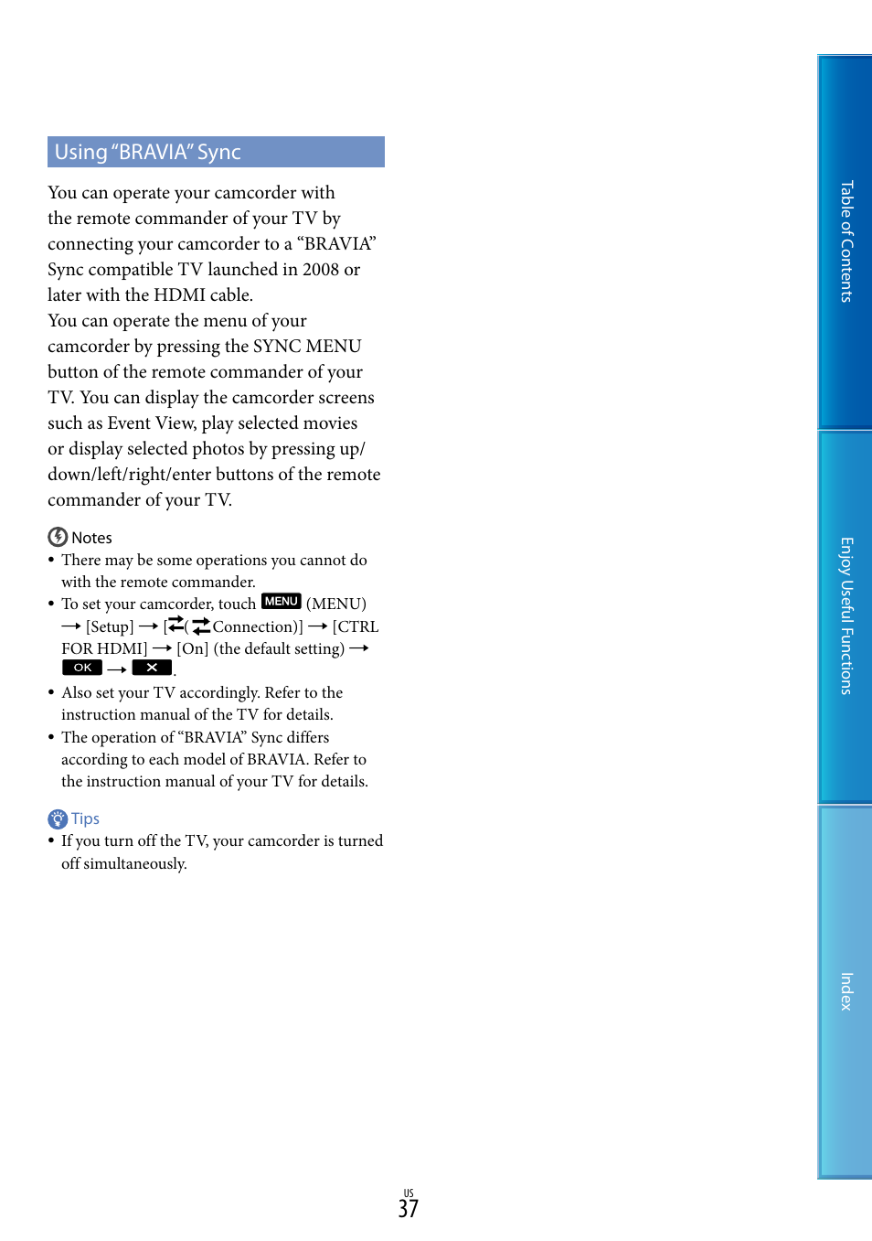 Using “bravia” sync | Sony HDR-TD10 User Manual | Page 37 / 119