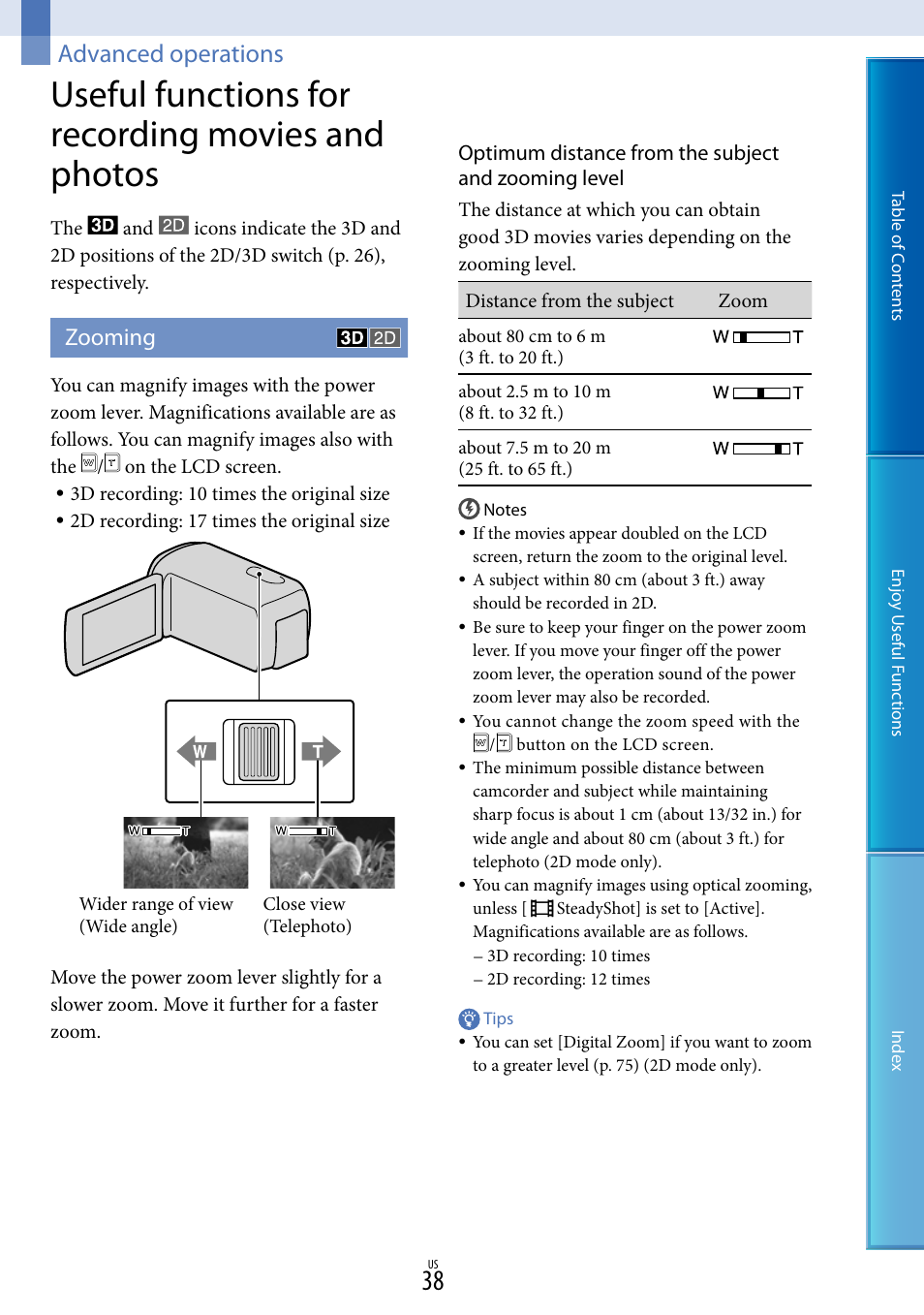 Advanced operations, Useful functions for recording movies and photos, Zooming | Sony HDR-TD10 User Manual | Page 38 / 119