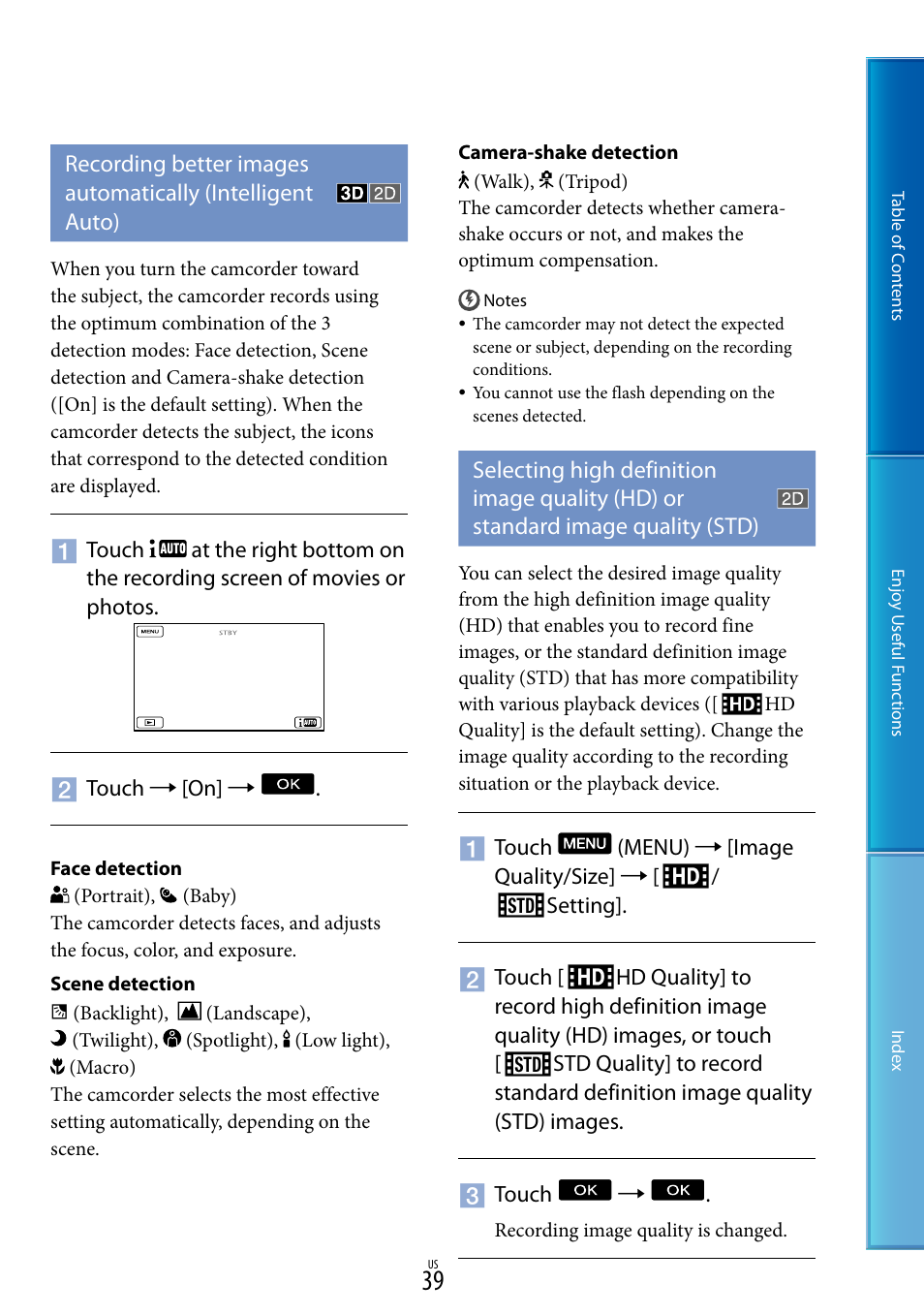 O (39), G (39), Standard image quality (std) | Sony HDR-TD10 User Manual | Page 39 / 119